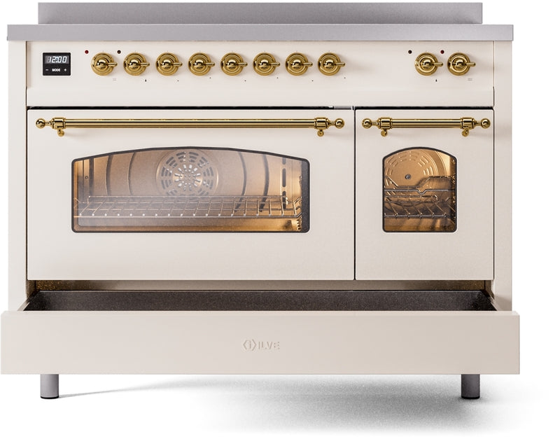 ILVE Nostalgie II 48" Induction Range with Element Stove and Electric Oven in Antique White with Brass Trim, UPI486NMPAWG