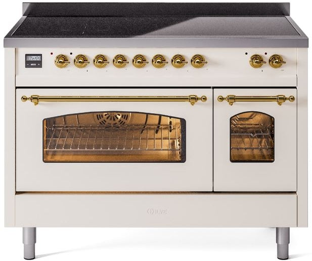 ILVE Nostalgie II 48" Induction Range with Element Stove and Electric Oven in Antique White with Brass Trim, UPI486NMPAWG