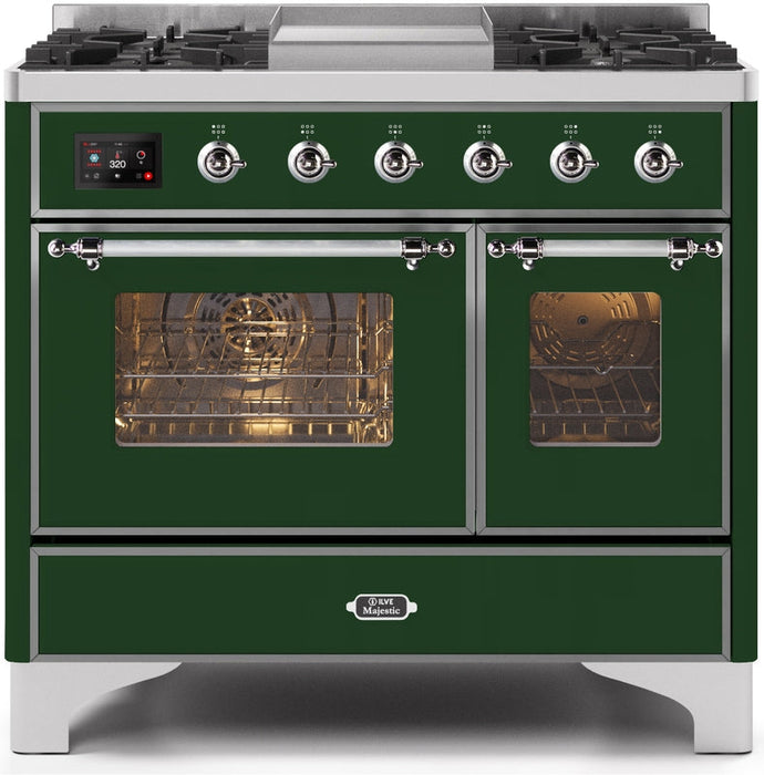 ILVE Majestic II 40" Dual Fuel Propane Gas Range in Emerald Green with Chrome Trim, UMD10FDNS3EGCLP