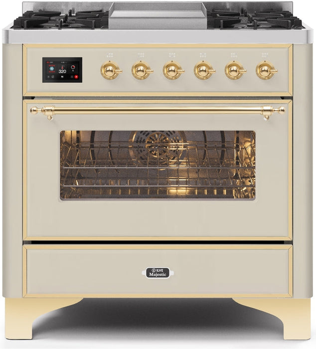 ILVE Majestic II 36" Dual Fuel Propane Gas Range in Antique White with Brass Trim, UM09FDNS3AWGLP