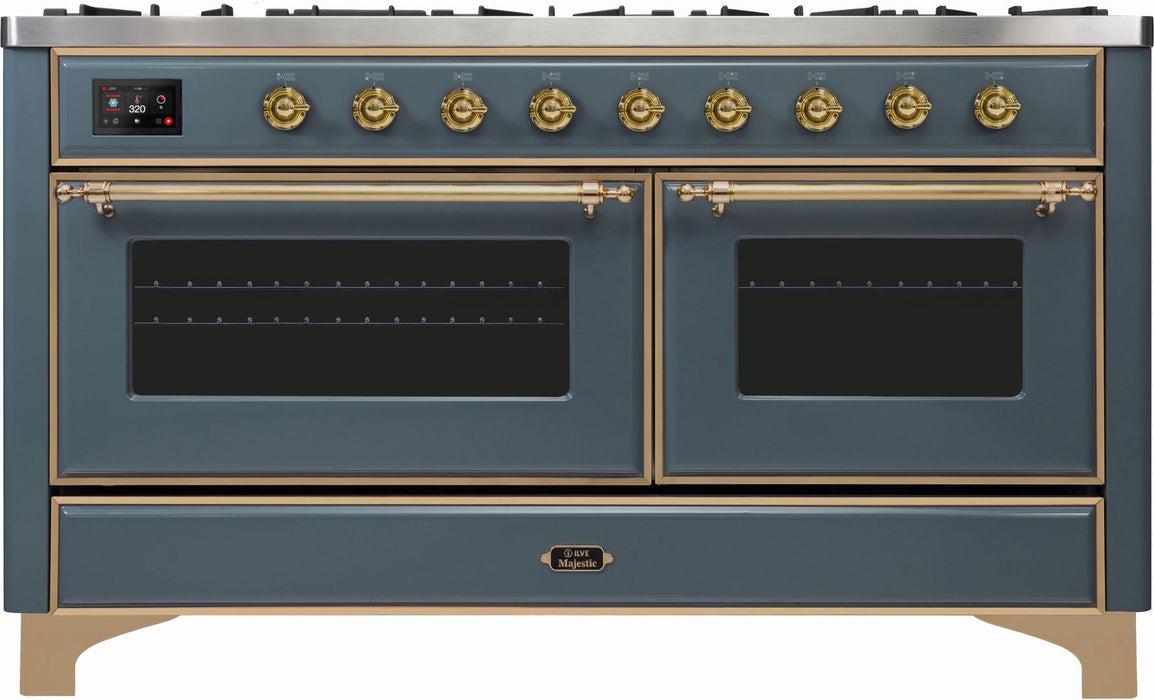 ILVE Majestic II 60" Dual Fuel Natural Gas Range in Blue Grey with Brass Trim, UM15FDNS3BGG