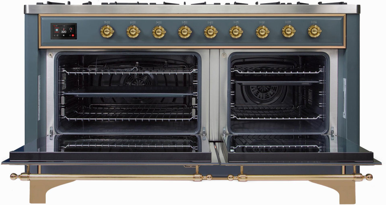 ILVE Majestic II 60" Dual Fuel Natural Gas Range in Blue Grey with Brass Trim, UM15FDNS3BGG