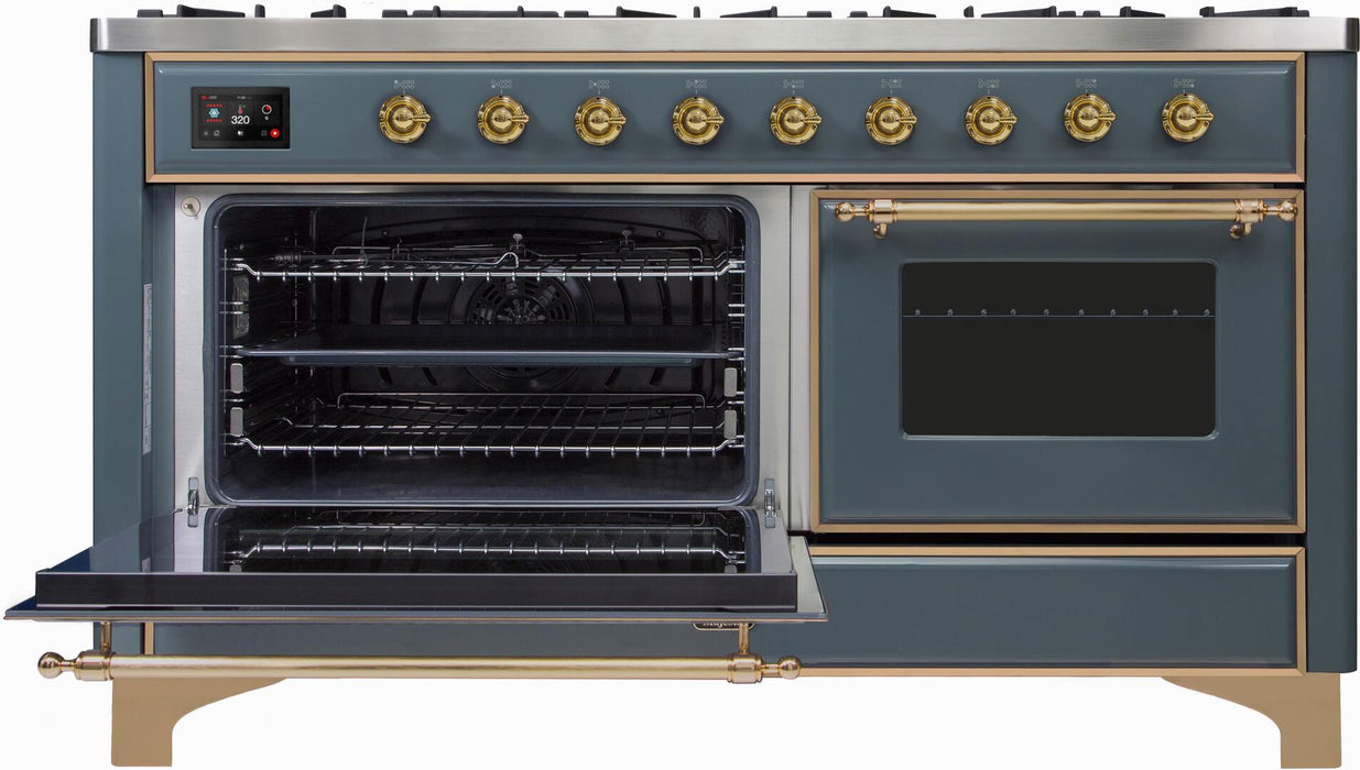 ILVE Majestic II 60" Dual Fuel Natural Gas Range in Blue Grey with Brass Trim, UM15FDNS3BGG