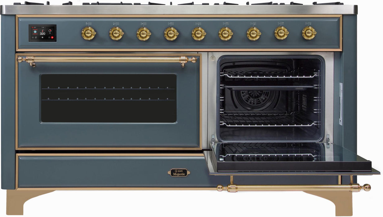 ILVE Majestic II 60" Dual Fuel Natural Gas Range in Blue Grey with Brass Trim, UM15FDNS3BGG