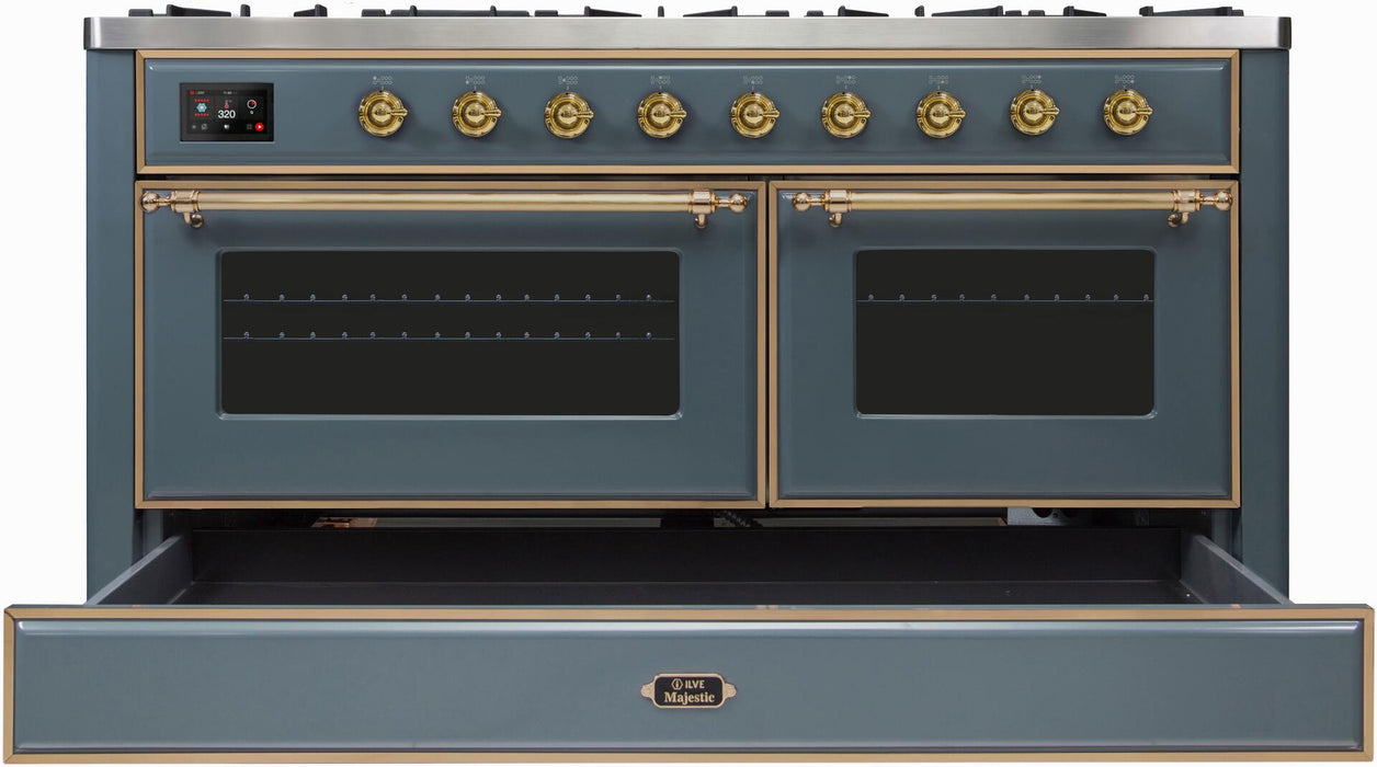 ILVE Majestic II 60" Dual Fuel Natural Gas Range in Blue Grey with Brass Trim, UM15FDNS3BGG