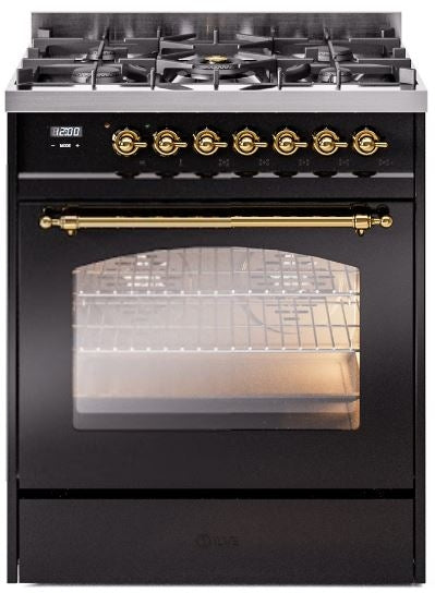 ILVE Nostalgie II 30" Dual Fuel Natural Gas Range in Black with Brass Trim, UP30NMPBKG