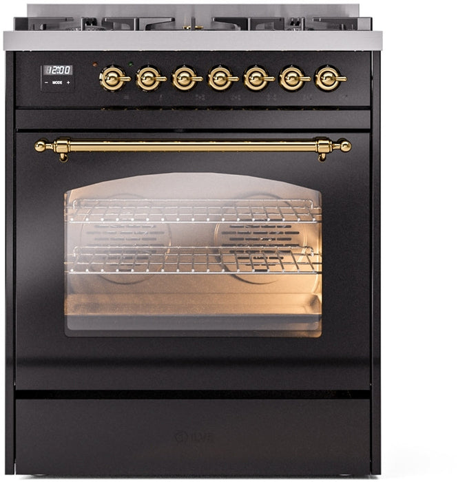 ILVE Nostalgie II 30" Dual Fuel Natural Gas Range in Black with Brass Trim, UP30NMPBKG