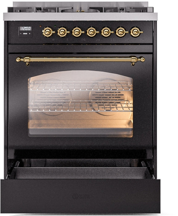 ILVE Nostalgie II 30" Dual Fuel Natural Gas Range in Black with Brass Trim, UP30NMPBKG