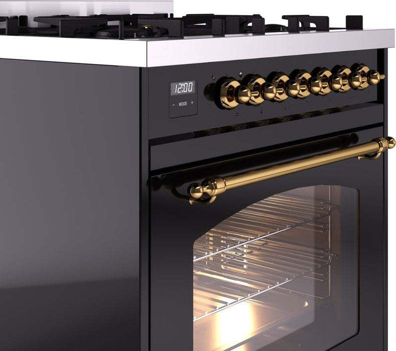 ILVE Nostalgie II 30" Dual Fuel Natural Gas Range in Black with Brass Trim, UP30NMPBKG