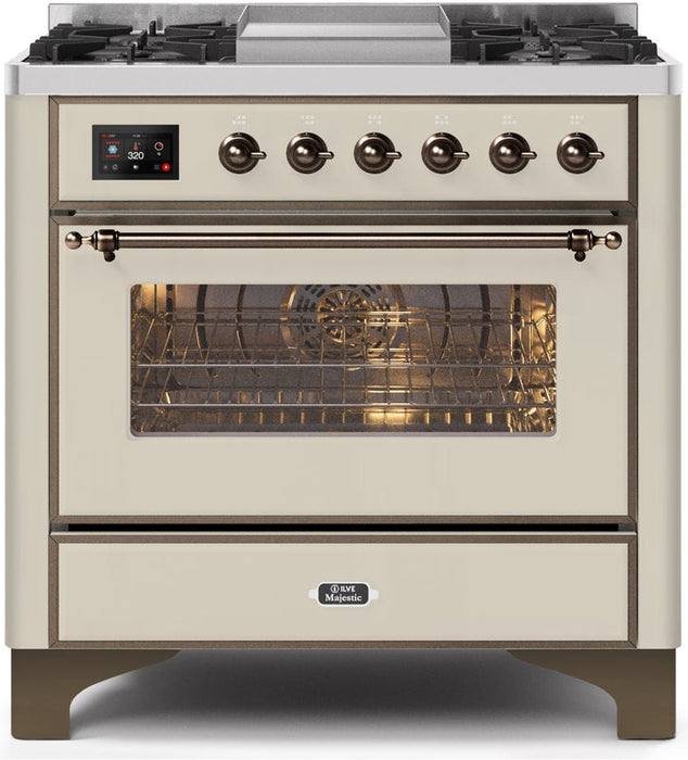 ILVE Majestic II 36" Dual Fuel Propane Gas Range in Antique White with Bronze Trim, UM09FDNS3AWBLP