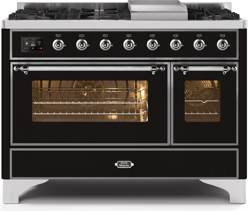 ILVE Majestic II 48" Dual Fuel Propane Gas Range in Glossy Black with Chrome Trim, UM12FDNS3BKCLP