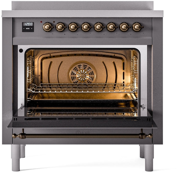 ILVE Nostalgie II 36" Induction Range with Element Stove and Electric Oven in Matte Graphite with Bronze Trim, UPI366NMPMGB