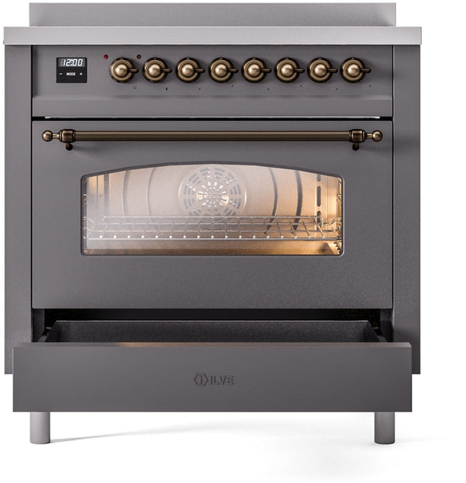 ILVE Nostalgie II 36" Induction Range with Element Stove and Electric Oven in Matte Graphite with Bronze Trim, UPI366NMPMGB