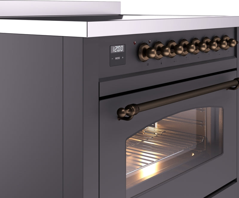 ILVE Nostalgie II 36" Induction Range with Element Stove and Electric Oven in Matte Graphite with Bronze Trim, UPI366NMPMGB