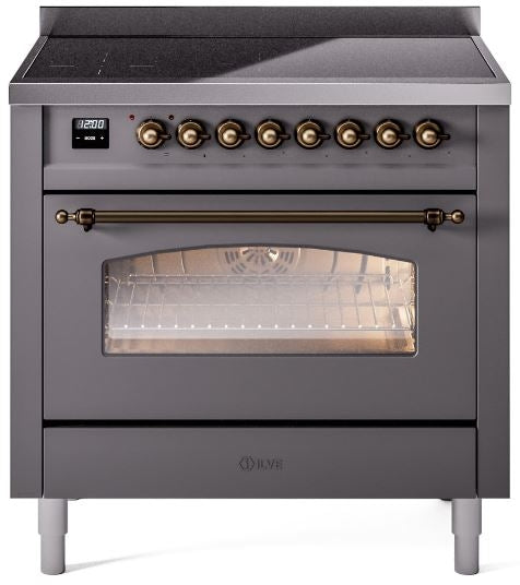 ILVE Nostalgie II 36" Induction Range with Element Stove and Electric Oven in Matte Graphite with Bronze Trim, UPI366NMPMGB