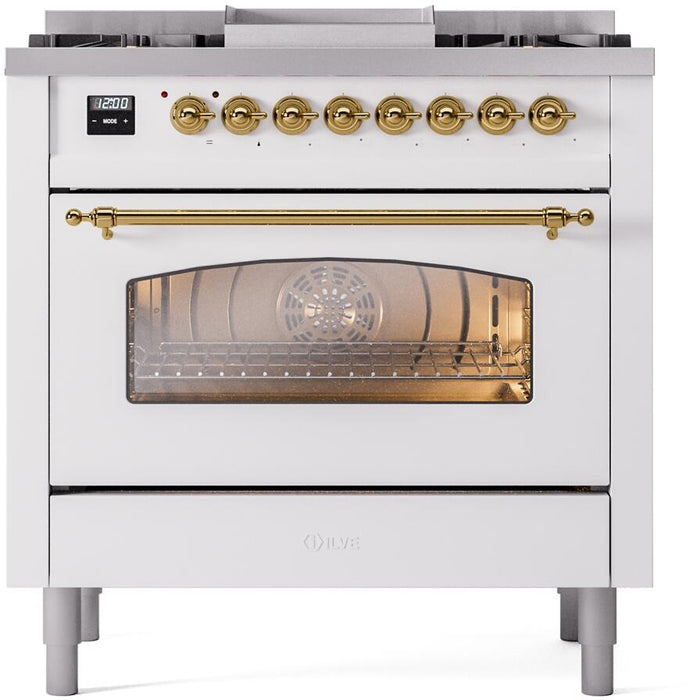 ILVE Nostalgie II 36" Dual Fuel Propane Gas Range in White with Brass Trim, UP36FNMPWHGLP