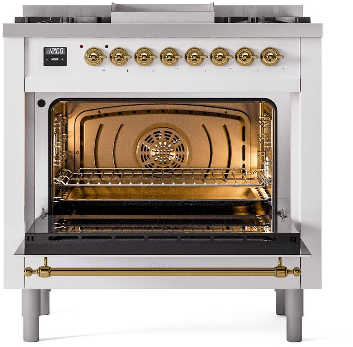 ILVE Nostalgie II 36" Dual Fuel Propane Gas Range in White with Brass Trim, UP36FNMPWHGLP