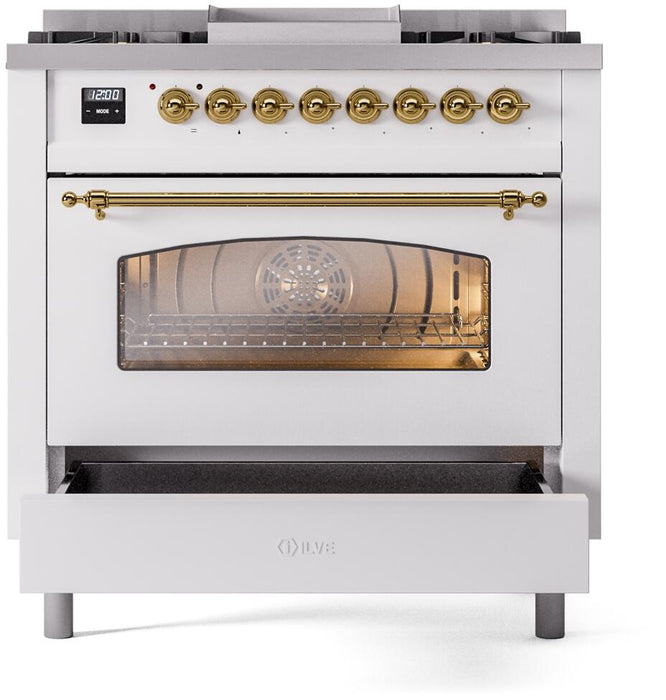 ILVE Nostalgie II 36" Dual Fuel Propane Gas Range in White with Brass Trim, UP36FNMPWHGLP