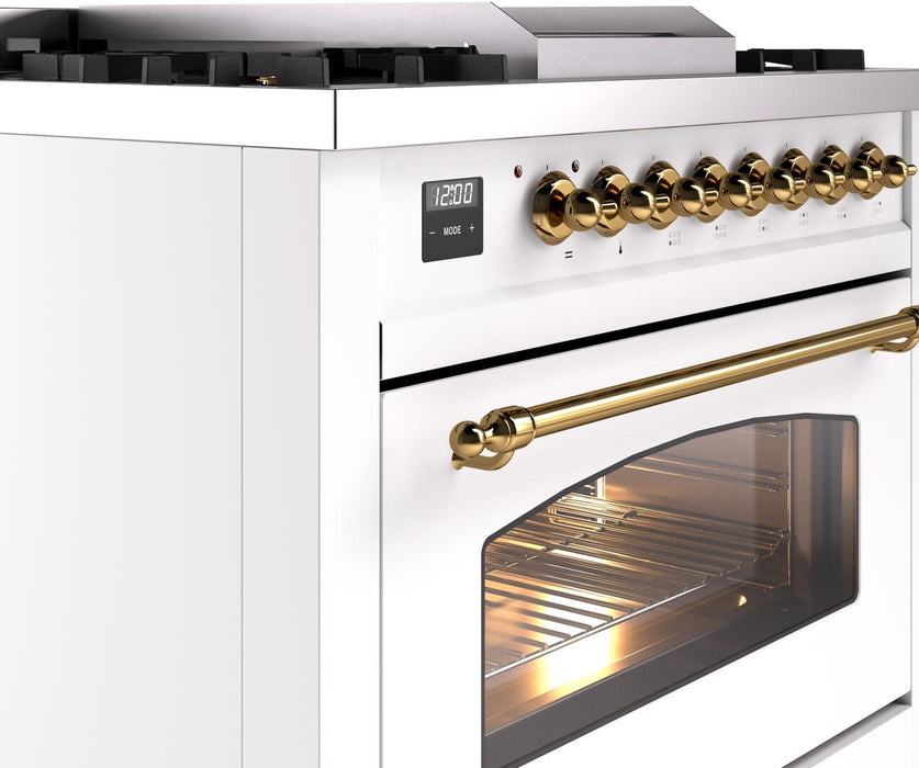 ILVE Nostalgie II 36" Dual Fuel Propane Gas Range in White with Brass Trim, UP36FNMPWHGLP