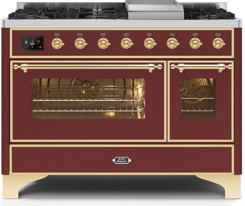 ILVE Majestic II 48" Dual Fuel Propane Gas Range in Burgundy with Brass Trim, UM12FDNS3BUGLP