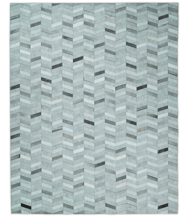 Custom Made Ivory and Silver Geometrical Handmade Leather Rug