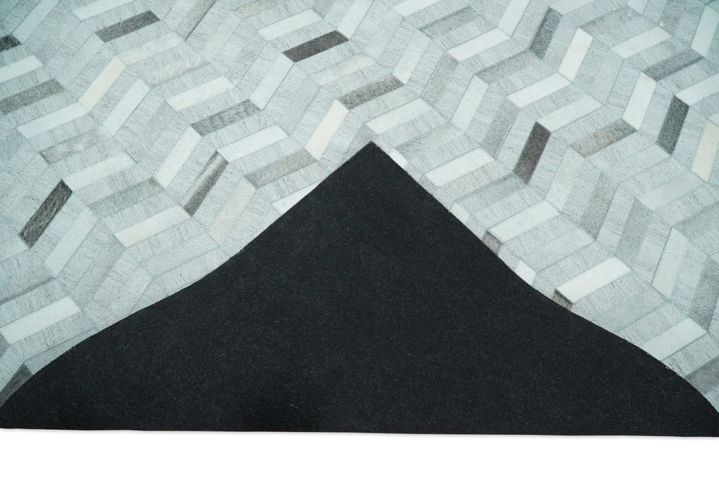 Custom Made Ivory and Silver Geometrical Handmade Leather Rug