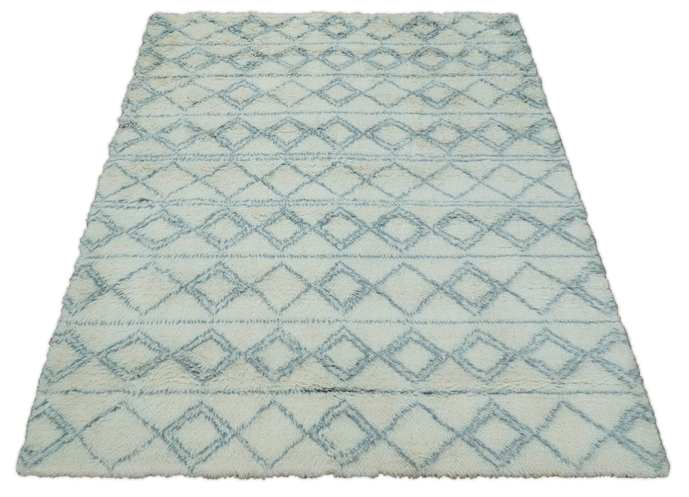Ivory and Blue 4x6, 5x8 and 8x10 Moroccan Rug | White and Blue Wool Rug | TRD1713