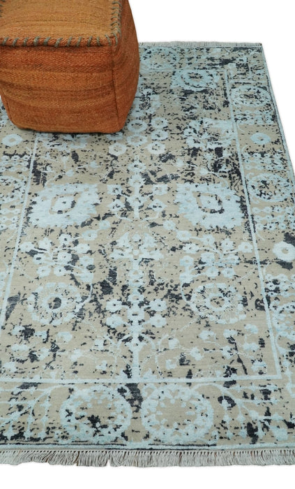 4x6 Fine Hand Knotted Aqua, Beige and Black Traditional Vintage Persian Style Antique Wool and Bamboo Silk Rug | AGR10