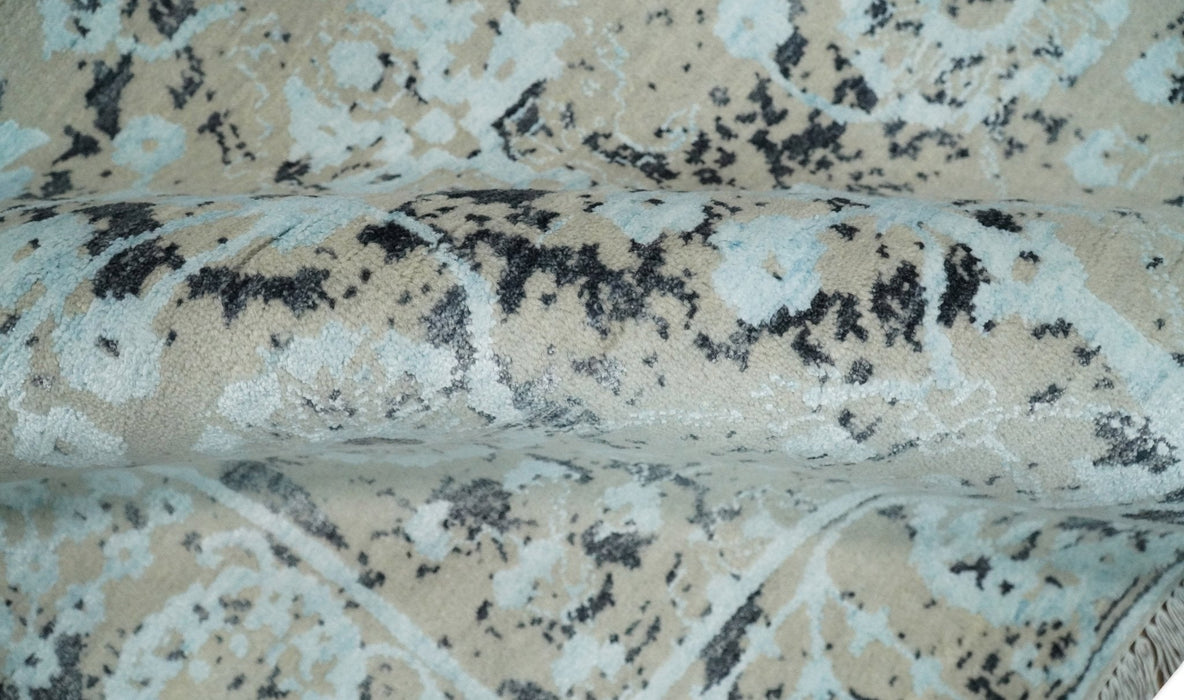 4x6 Fine Hand Knotted Aqua, Beige and Black Traditional Vintage Persian Style Antique Wool and Bamboo Silk Rug | AGR10