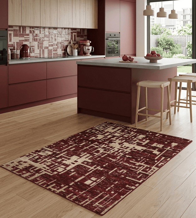 4x6 Hand Knotted Beige and Maroon Modern Abstract  Recycled Silk Area Rug