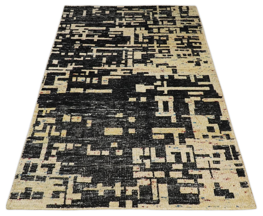 4x6 Hand Knotted Beige and Black Modern Abstract Contemporary Recycled Silk Area Rug | OP54