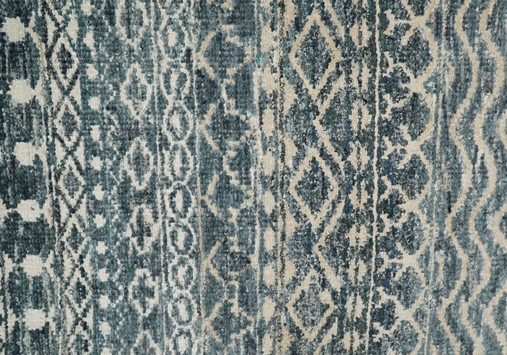 4x6 Hand Knotted Ivory, Beige and Blue Modern Contemporary Southwestern Tribal Trellis Recycled Silk Area Rug | OP55