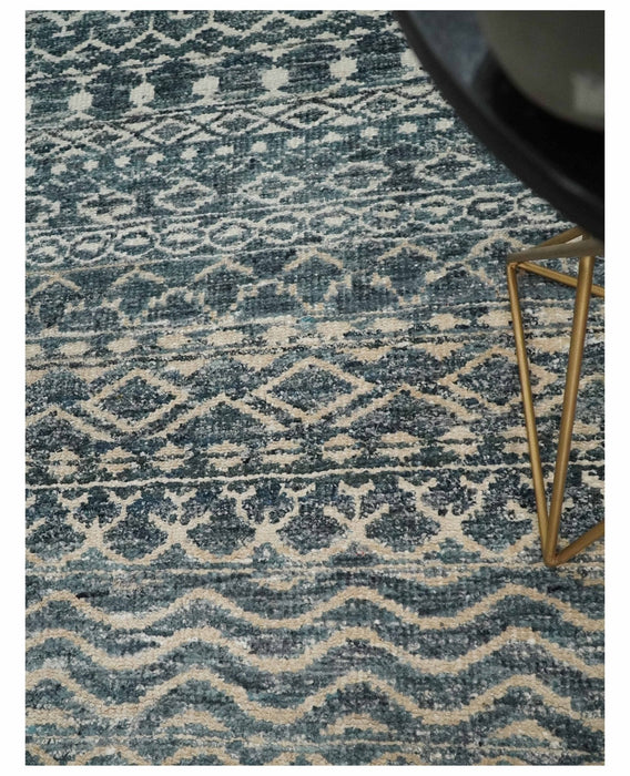 4x6 Hand Knotted Ivory, Beige and Blue Modern Contemporary Southwestern Tribal Trellis Recycled Silk Area Rug | OP55