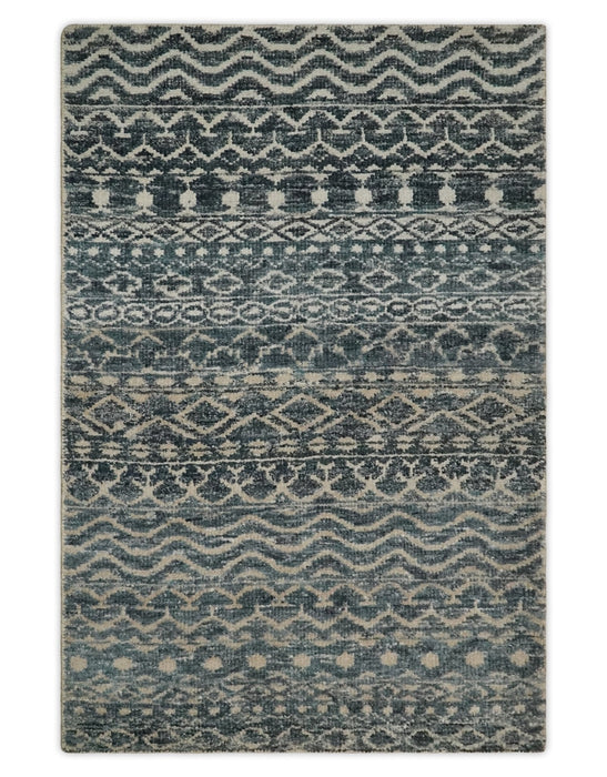 4x6 Hand Knotted Ivory, Beige and Blue Modern Contemporary Southwestern Tribal Trellis Recycled Silk Area Rug | OP55