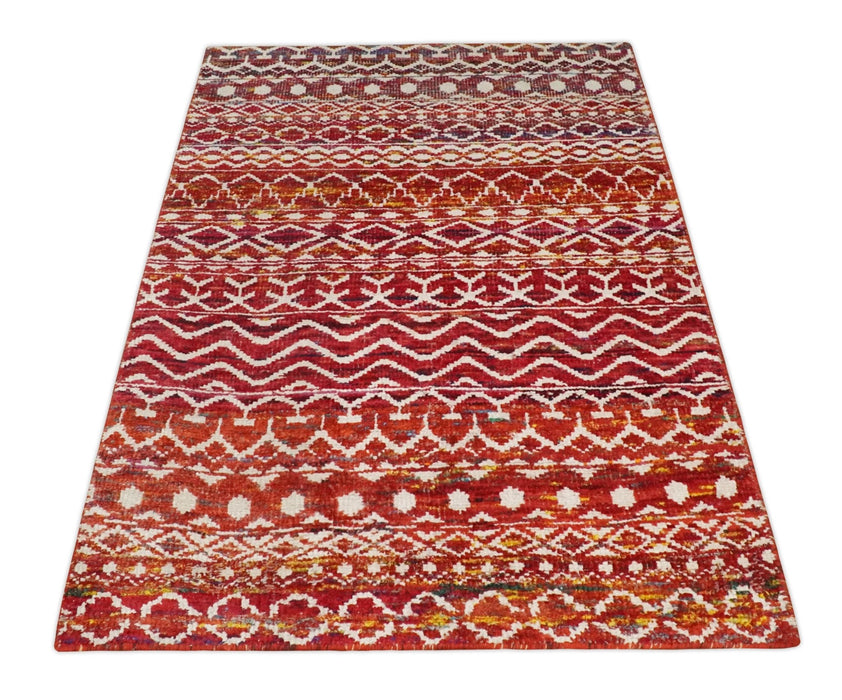 4x6 Hand Knotted Rust and Ivory Modern Contemporary Southwestern Tribal Trellis Recycled Silk Area Rug | OP60