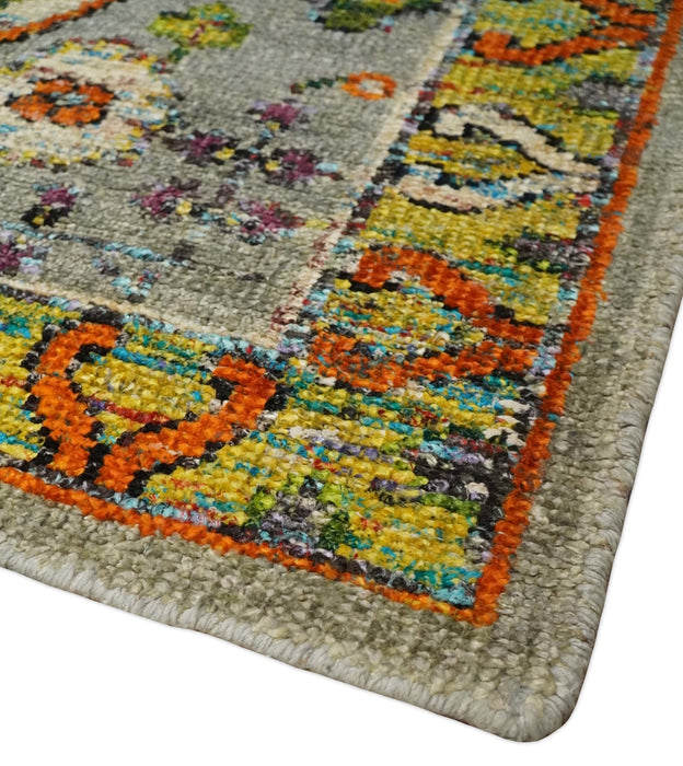 4x6 Hand Knotted Silver, Yellow and Orange Persian Oushak  Recycled Silk Area Rug