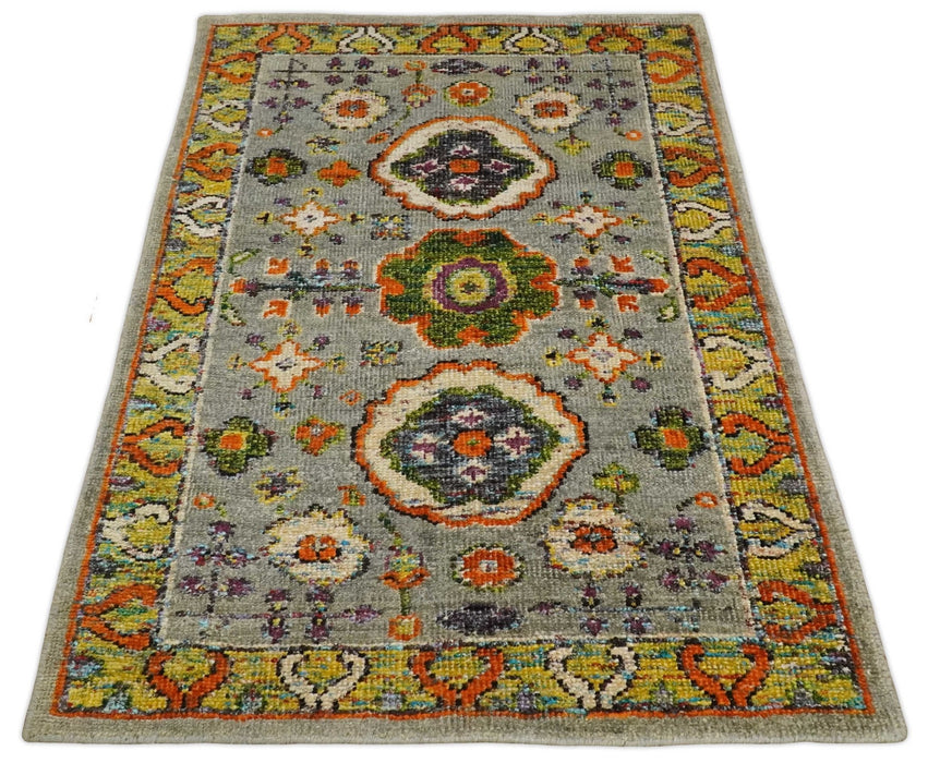 4x6 Hand Knotted Silver, Yellow and Orange Persian Oushak made of Recycled Silk Area Rug | OP58