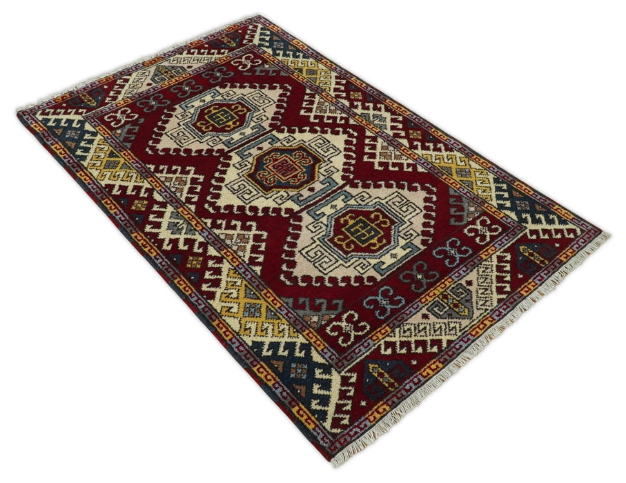 4x6 Hand Knotted traditional Kazak Ivory and Rust Traditional Tribal Armenian Rug | KZA9