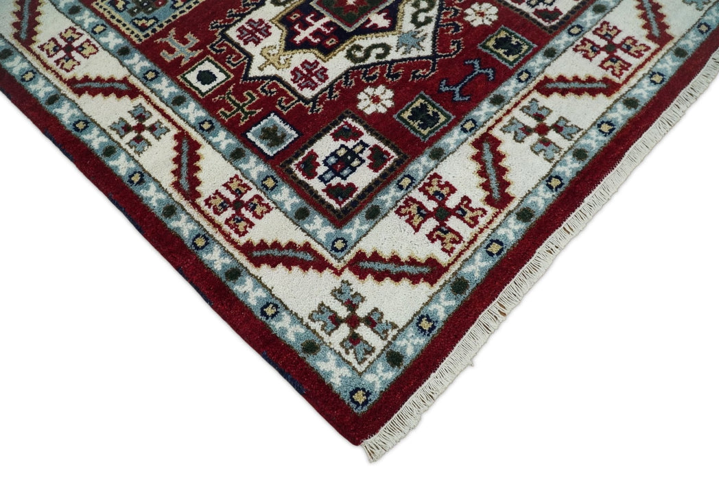 4x6 Hand Knotted Traditional Kazak Maroon And Blue Wool Area Rug