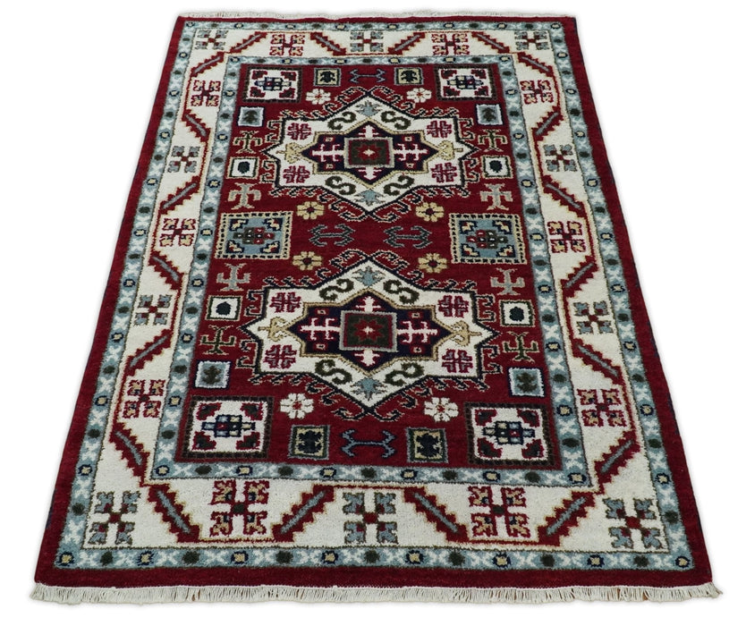 4x6 Hand Knotted traditional Kazak Rust and Ivory Traditional Tribal Armenian Rug | KZA10