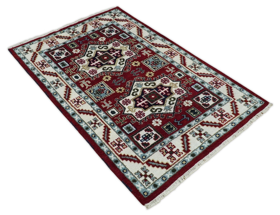4x6 Hand Knotted traditional Kazak Rust and Ivory Traditional Tribal Armenian Rug | KZA10