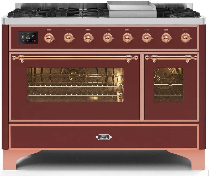 ILVE Majestic II 48" Dual Fuel Natural Gas Range in Burgundy with Copper Trim, UM12FDNS3BUP