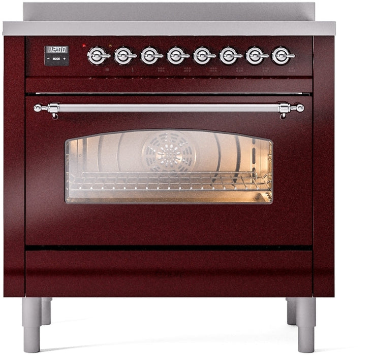 ILVE Nostalgie II 36" Induction Range with Element Stove and Electric Oven in Burgundy with Chrome Trim, UPI366NMPBUC