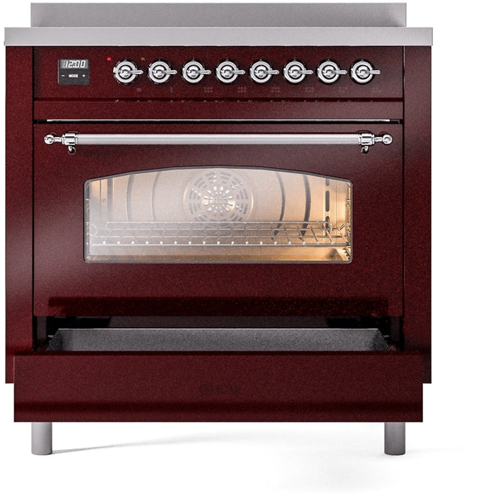 ILVE Nostalgie II 36" Induction Range with Element Stove and Electric Oven in Burgundy with Chrome Trim, UPI366NMPBUC