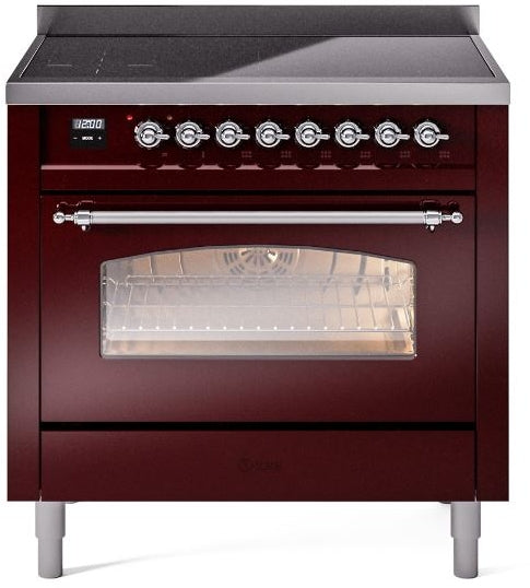 ILVE Nostalgie II 36" Induction Range with Element Stove and Electric Oven in Burgundy with Chrome Trim, UPI366NMPBUC