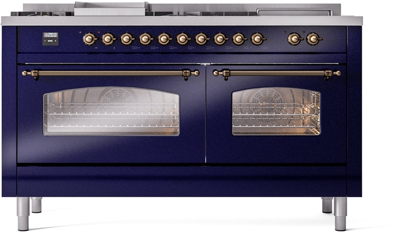 ILVE Nostalgie II 60" Dual Fuel Natural Gas Range in Blue with Bronze Trim, UP60FSNMPMBB