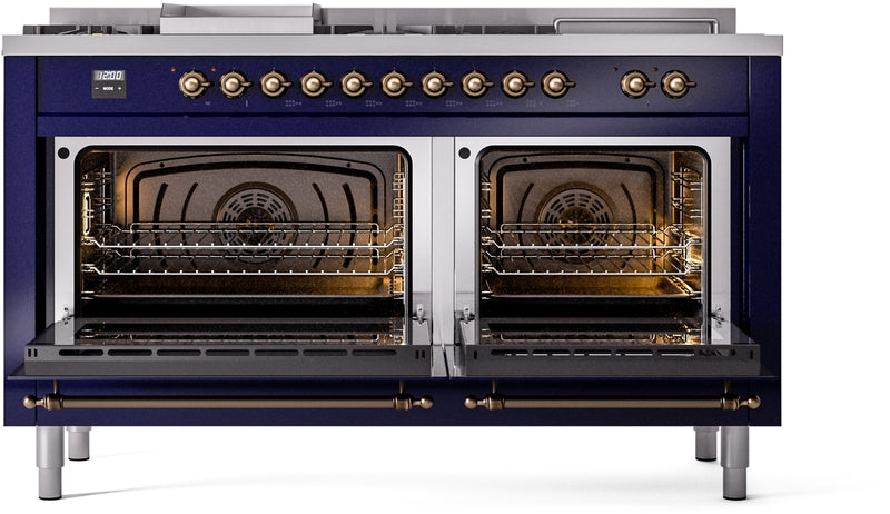 ILVE Nostalgie II 60" Dual Fuel Natural Gas Range in Blue with Bronze Trim, UP60FSNMPMBB