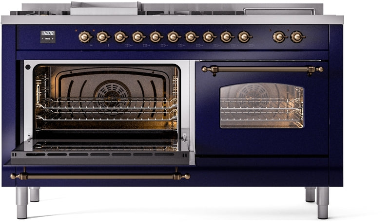 ILVE Nostalgie II 60" Dual Fuel Natural Gas Range in Blue with Bronze Trim, UP60FSNMPMBB