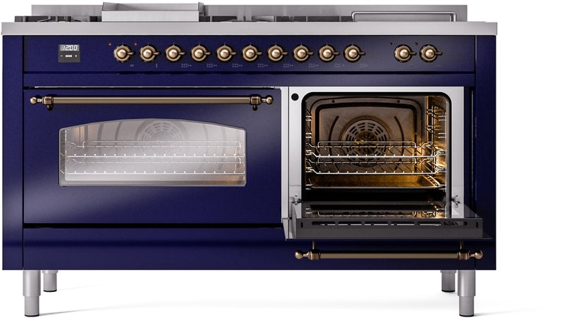 ILVE Nostalgie II 60" Dual Fuel Natural Gas Range in Blue with Bronze Trim, UP60FSNMPMBB