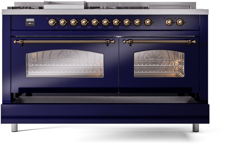 ILVE Nostalgie II 60" Dual Fuel Natural Gas Range in Blue with Bronze Trim, UP60FSNMPMBB